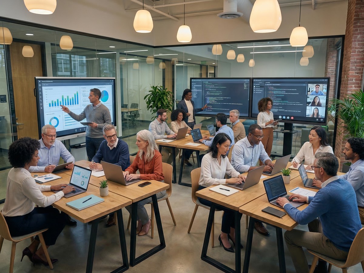 Diverse team collaborating in a modern tech classroom at Divergence Academy