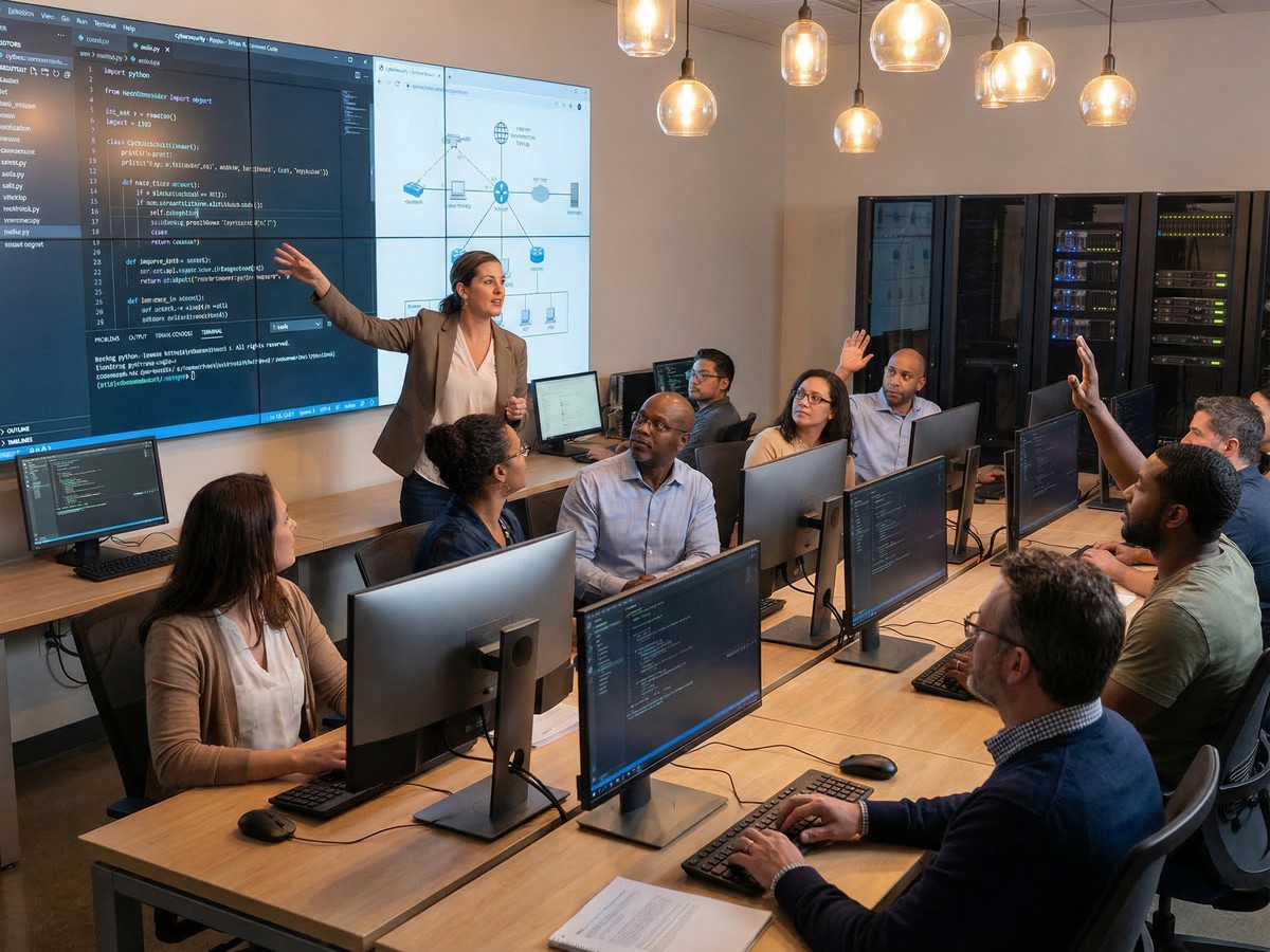 Instructor teaching a cybersecurity class with digital screens and engaged students